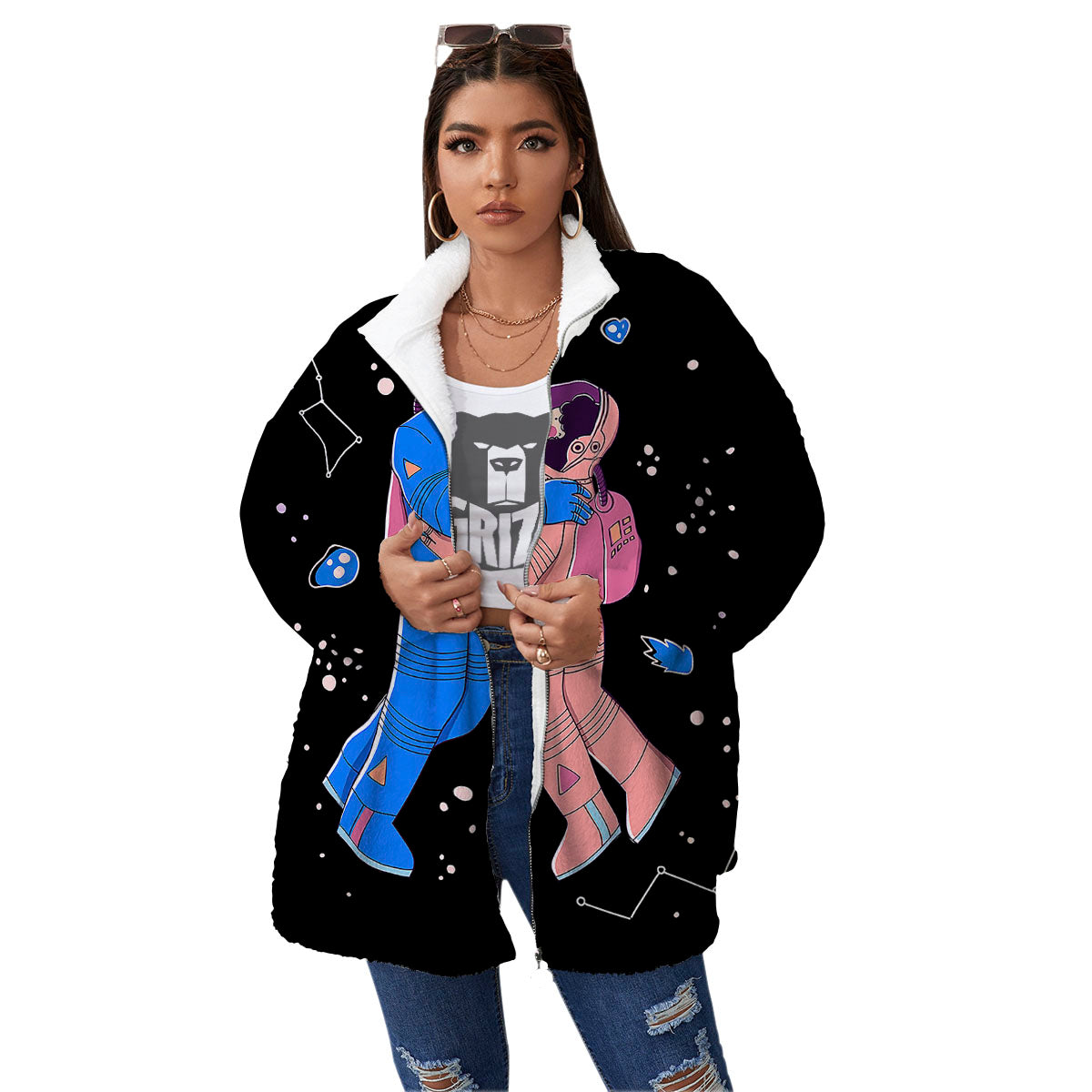 Couple Astronaut Travel In Space Print Women's Sherpa Jacket-grizzshop