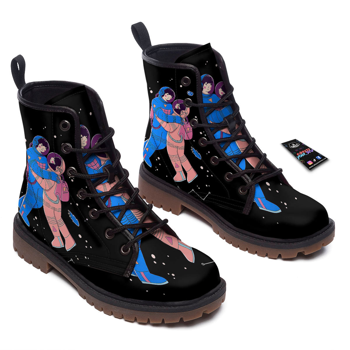 Couple Astronaut Travel In Space Print Work Boots-grizzshop