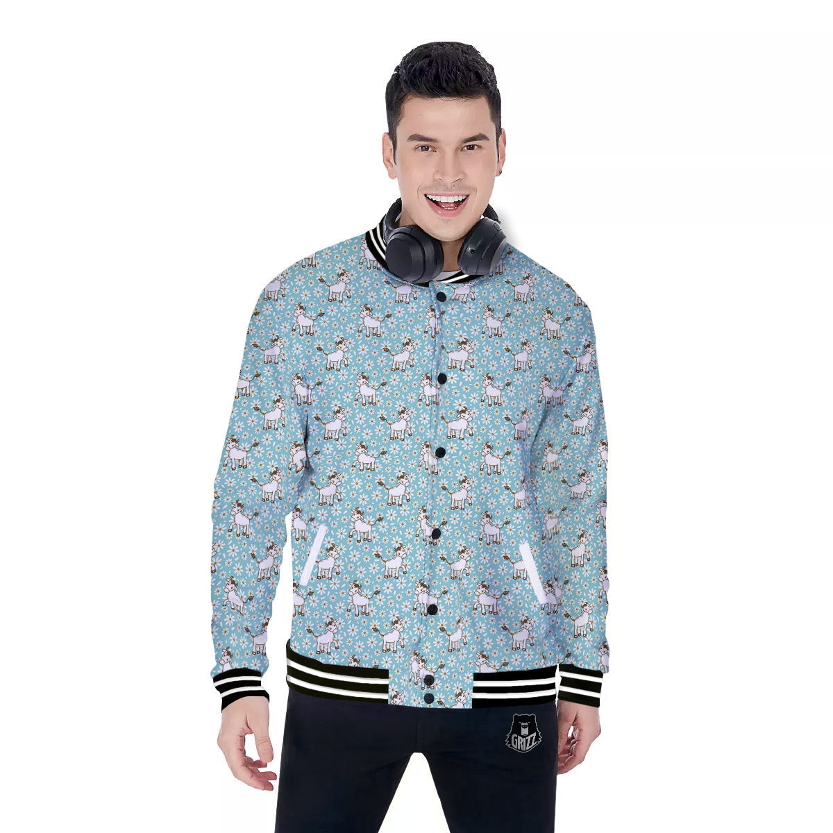 Cow And Cartoon Daisy Print Pattern Baseball Jacket-grizzshop