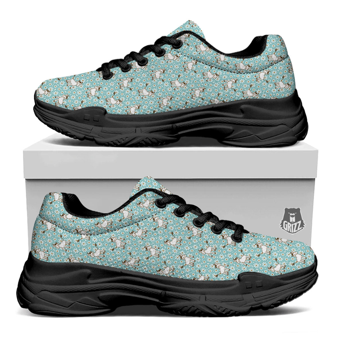 Cow And Cartoon Daisy Print Pattern Black Chunky Shoes-grizzshop