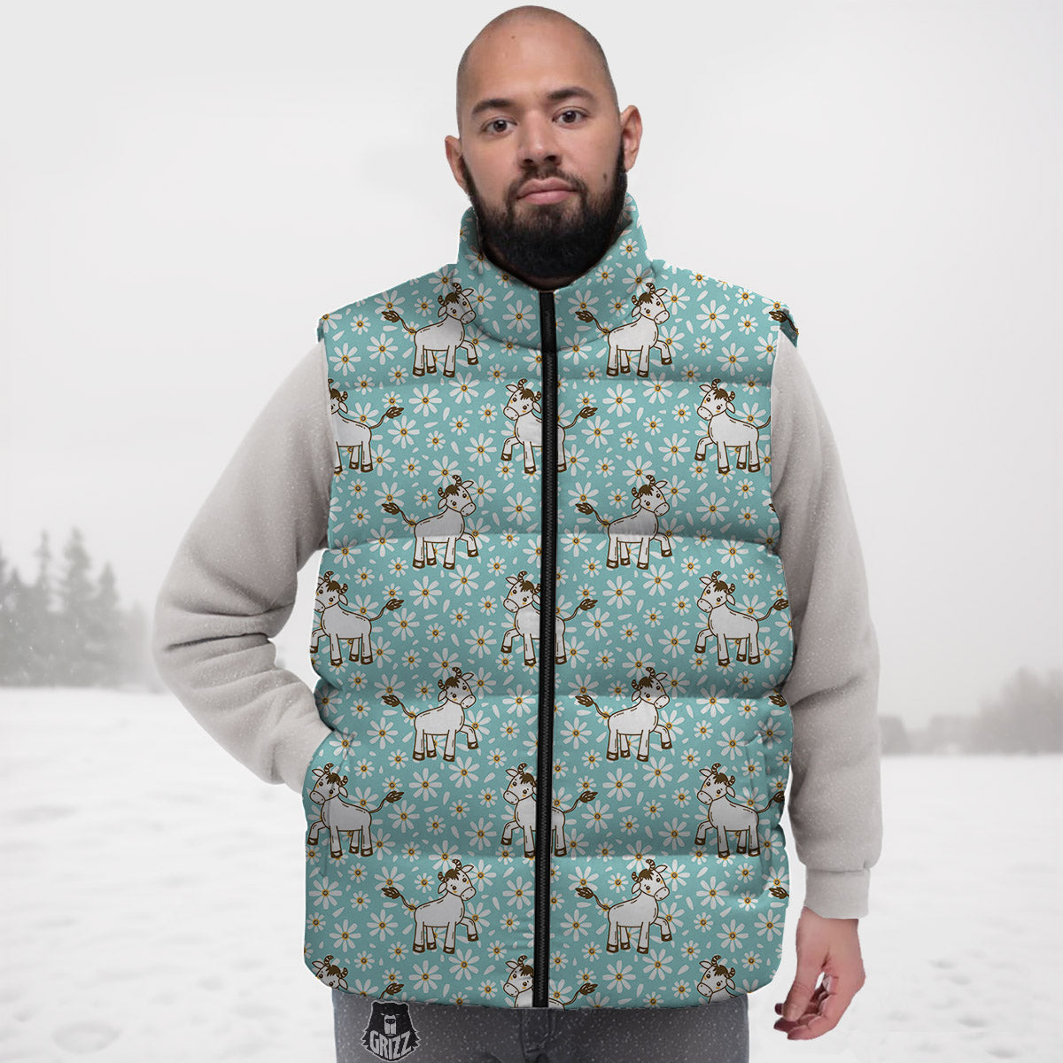 Cow And Cartoon Daisy Print Pattern Down Vest