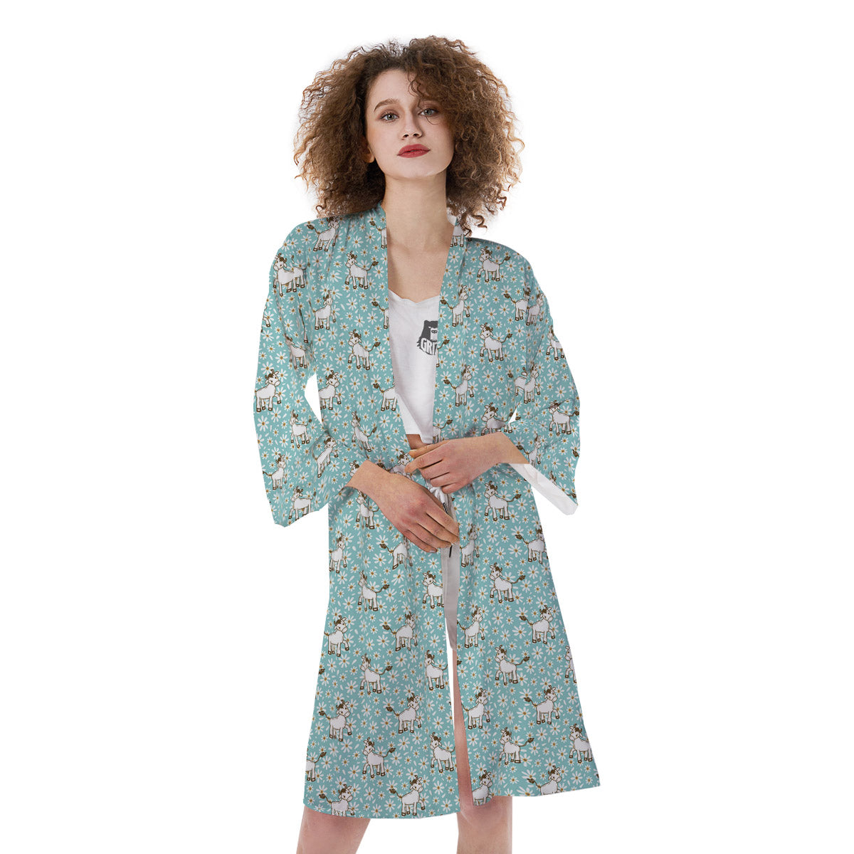 Cow And Cartoon Daisy Print Pattern Kimono-grizzshop