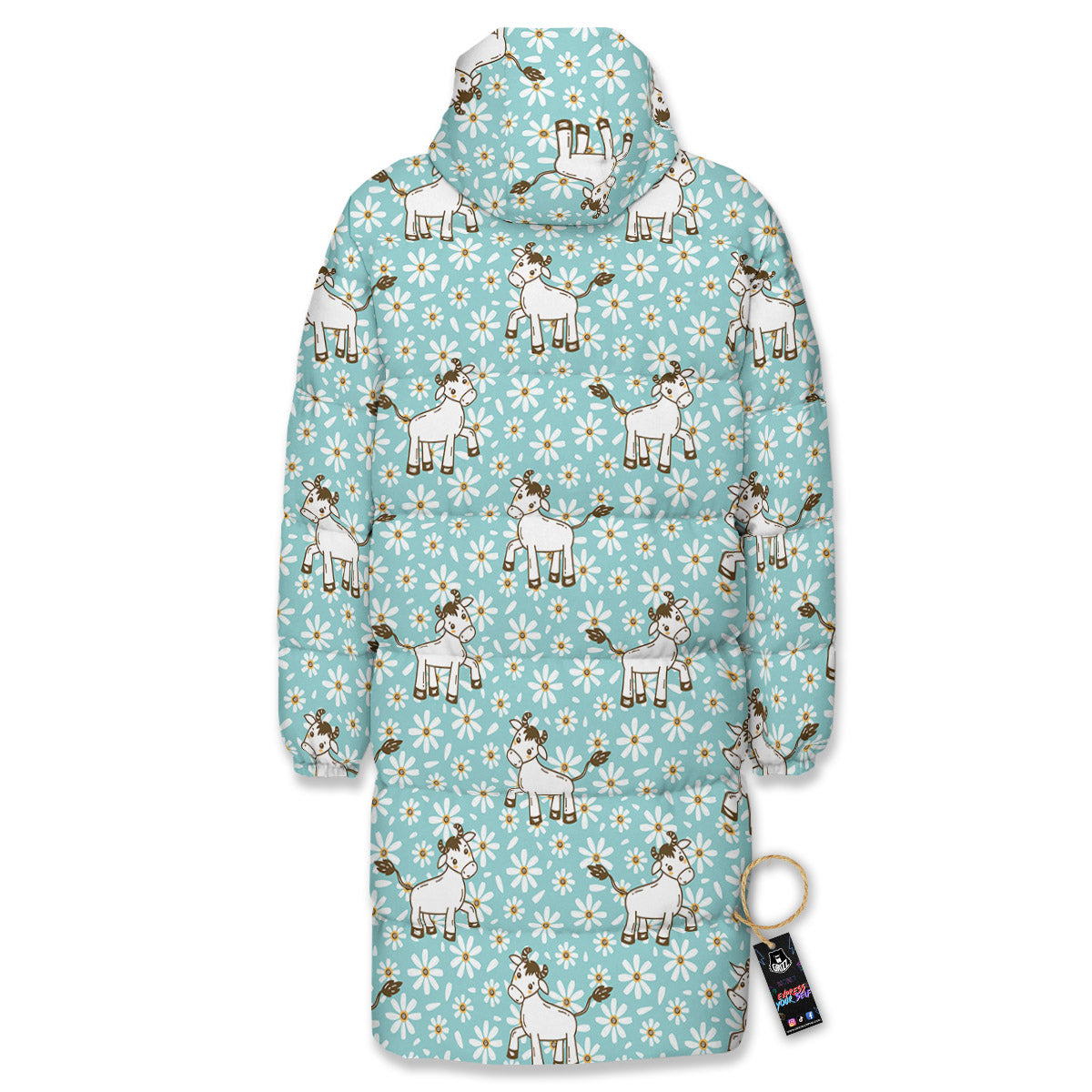 Cow And Cartoon Daisy Print Pattern Long Down Jacket-grizzshop