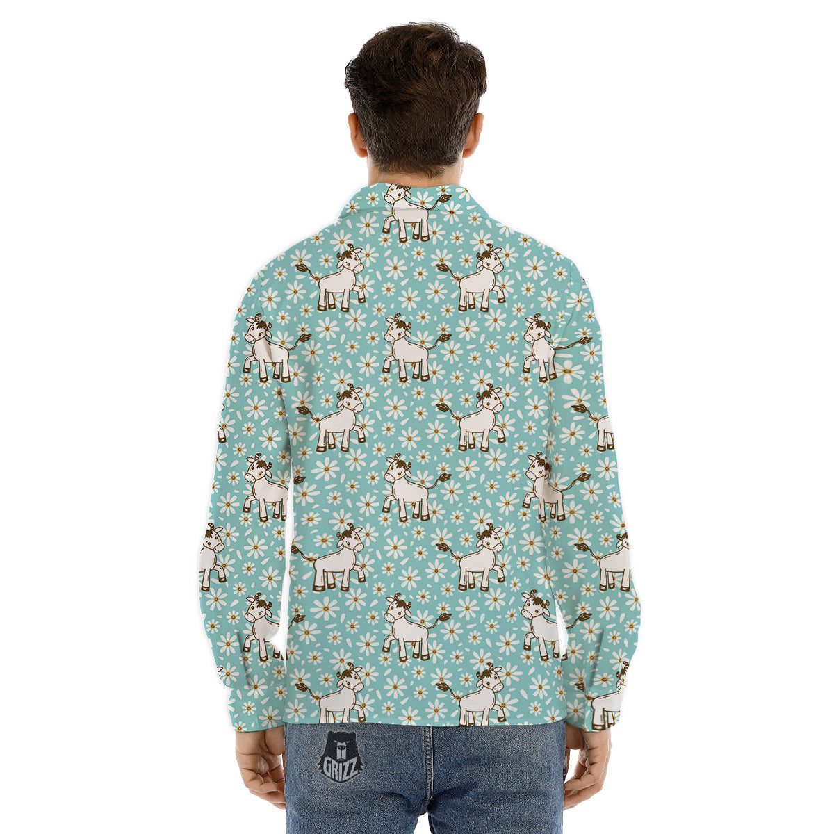 Cow And Cartoon Daisy Print Pattern Men's Dress Shirts-grizzshop