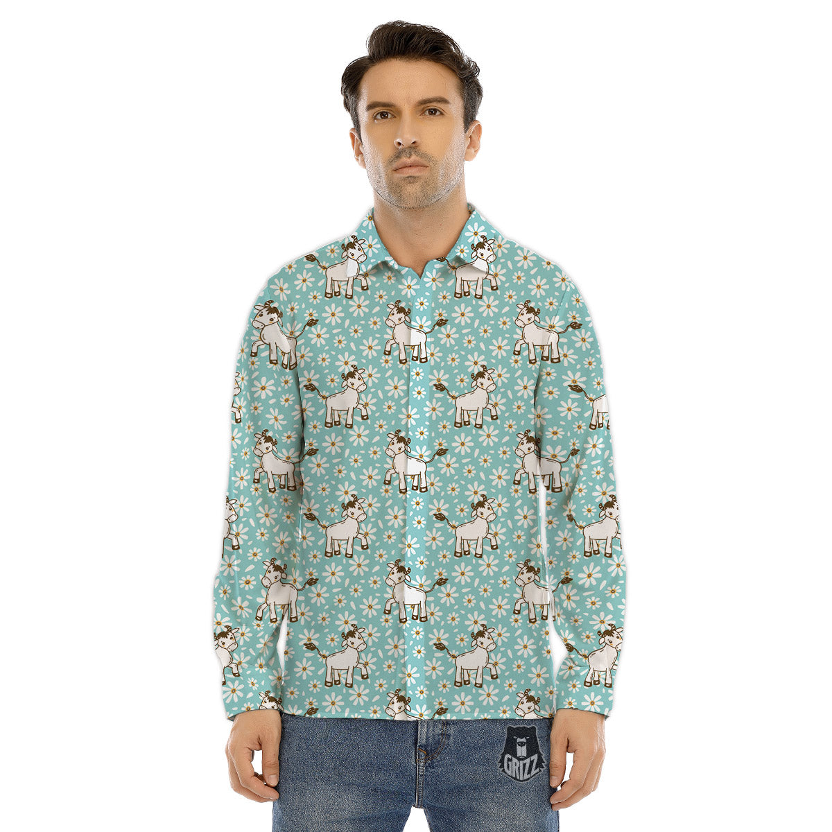 Cow And Cartoon Daisy Print Pattern Men's Dress Shirts-grizzshop