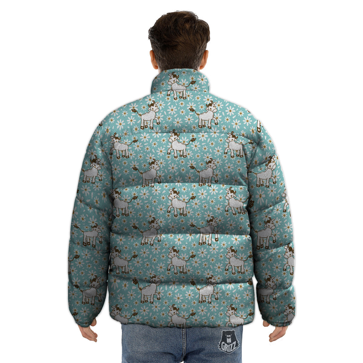 Cow And Cartoon Daisy Print Pattern Puffer Jacket-grizzshop