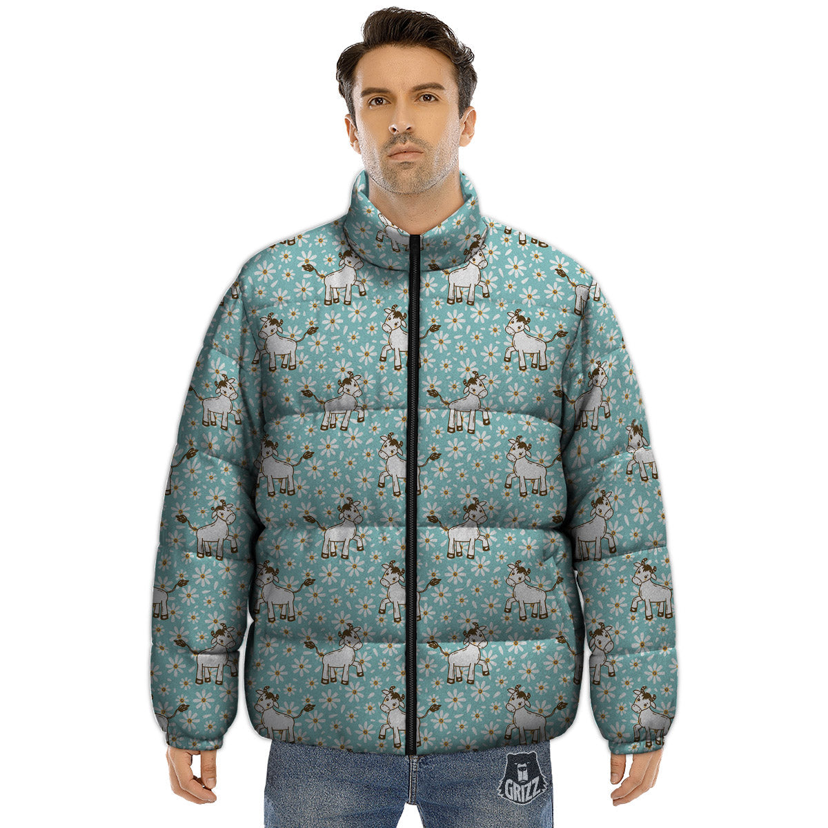 Cow And Cartoon Daisy Print Pattern Puffer Jacket-grizzshop