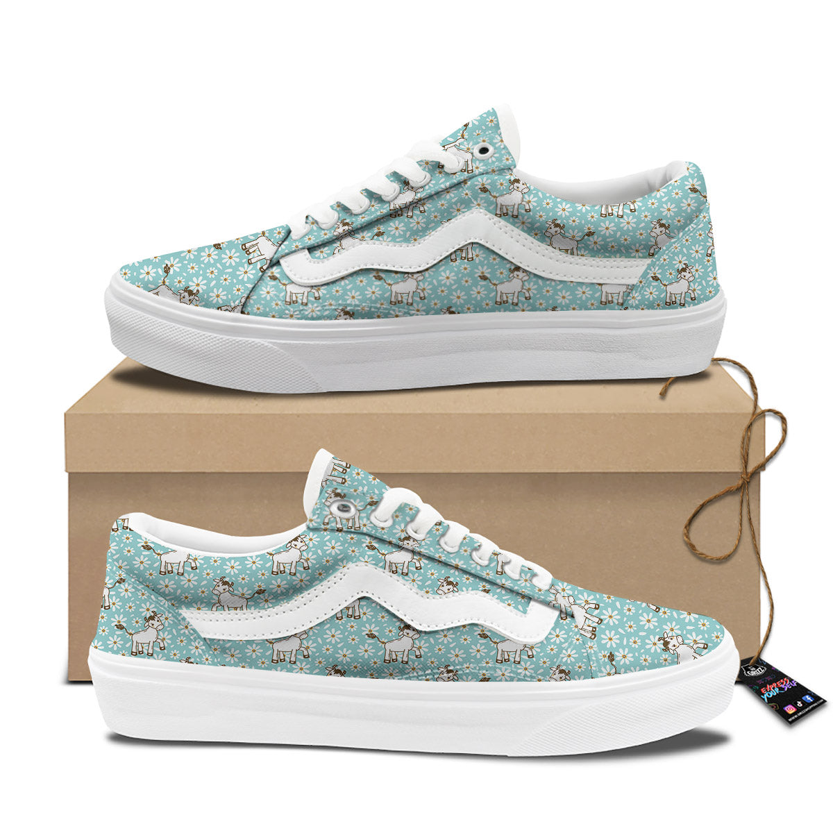 Cow And Cartoon Daisy Print Pattern Skate Shoes-grizzshop