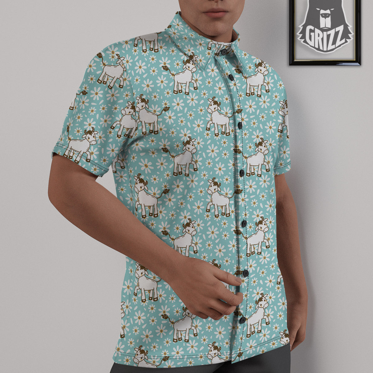 Cow And Cartoon Daisy Print Pattern Untucked Shirts-grizzshop