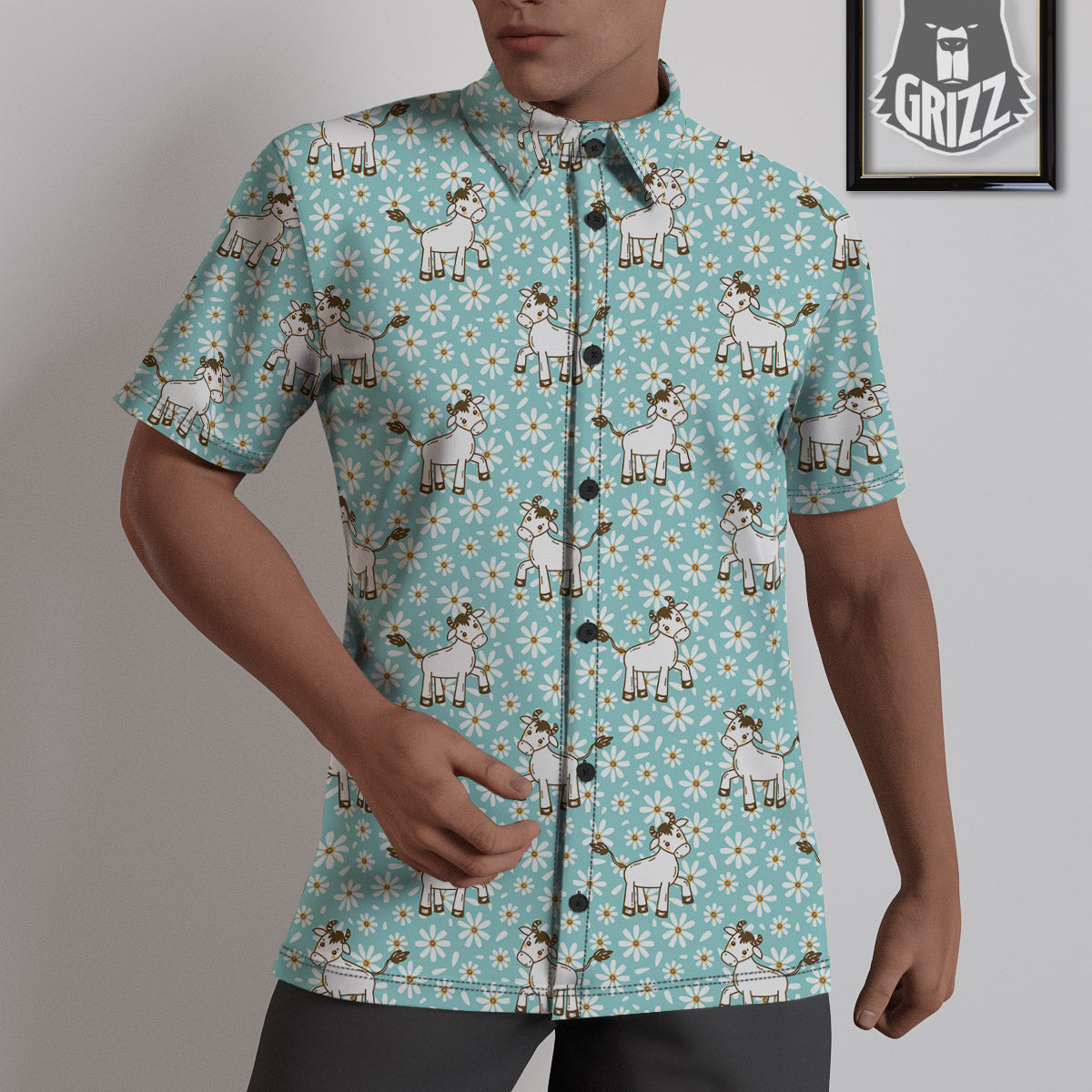 Cow And Cartoon Daisy Print Pattern Untucked Shirts-grizzshop