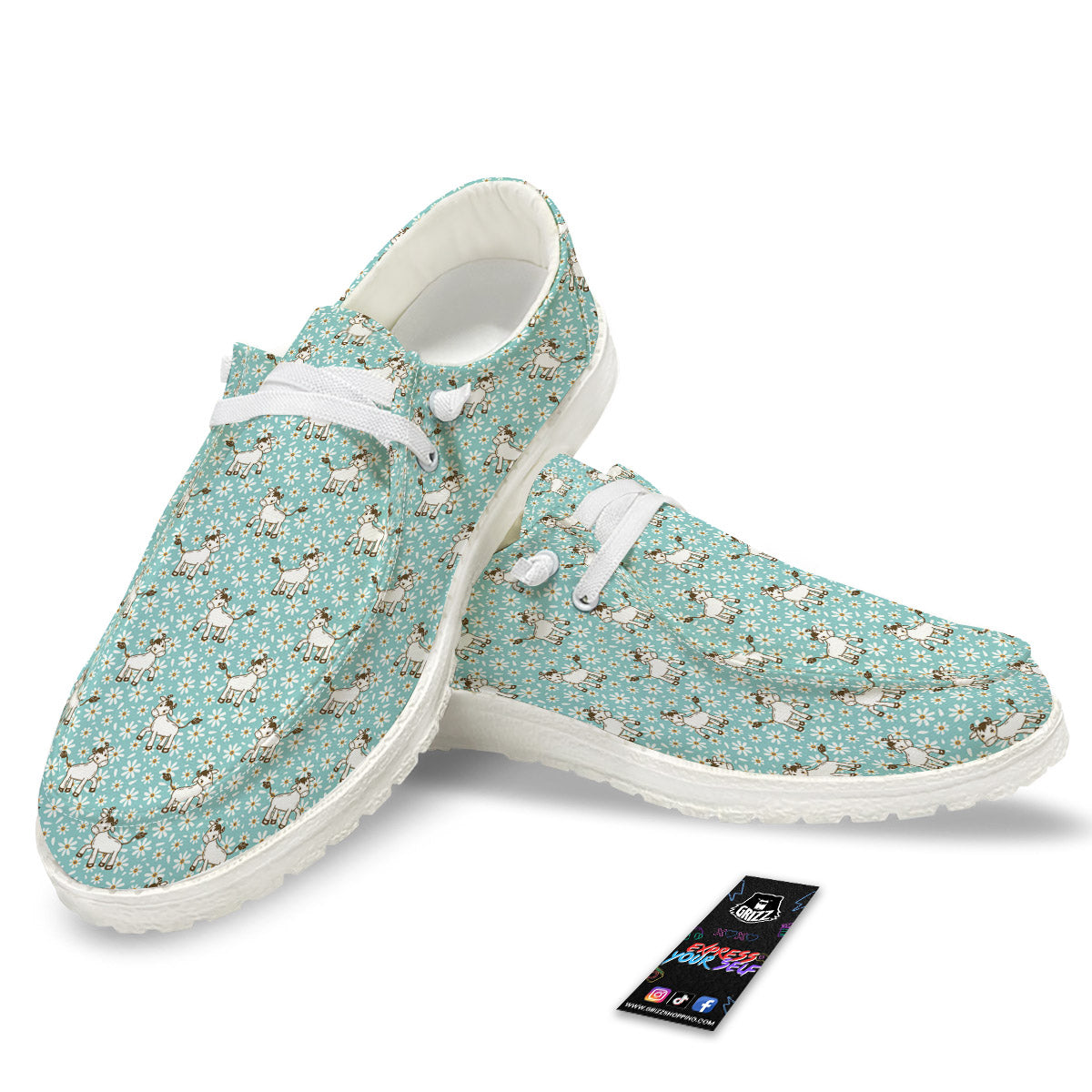 Cow And Cartoon Daisy Print Pattern White Loafers-grizzshop