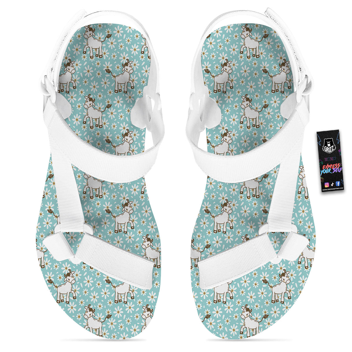 Cow And Cartoon Daisy Print Pattern White Open Toe Sandals-grizzshop