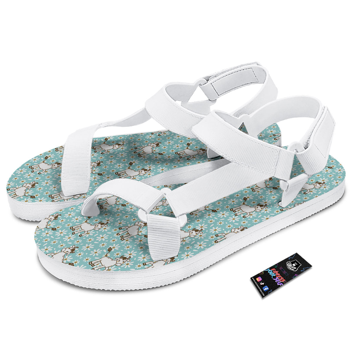 Cow And Cartoon Daisy Print Pattern White Open Toe Sandals-grizzshop