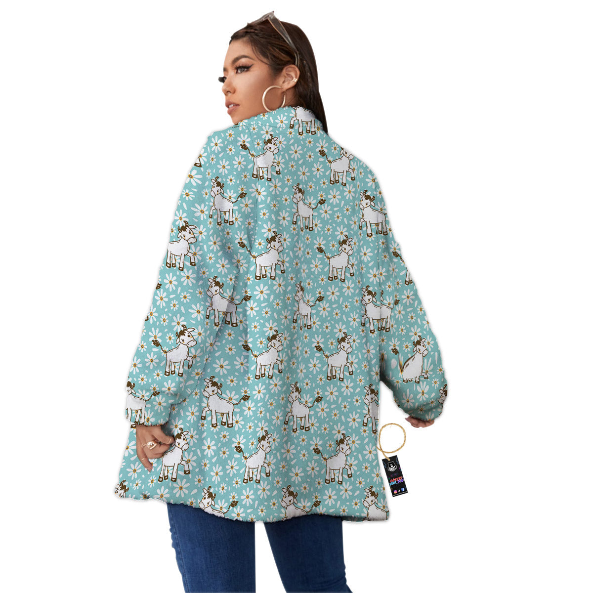 Cow And Cartoon Daisy Print Pattern Women's Sherpa Jacket-grizzshop