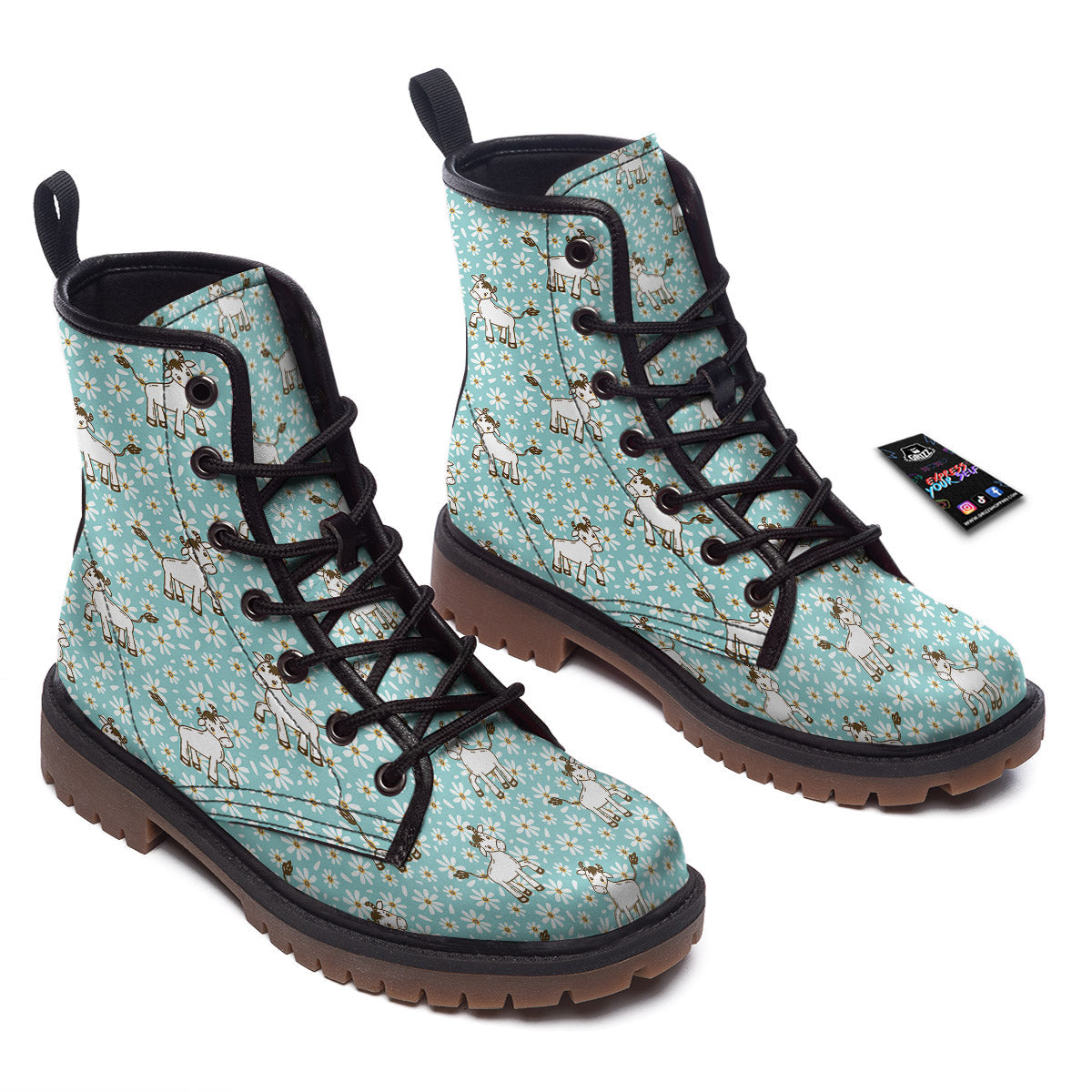 Cow And Cartoon Daisy Print Pattern Work Boots-grizzshop