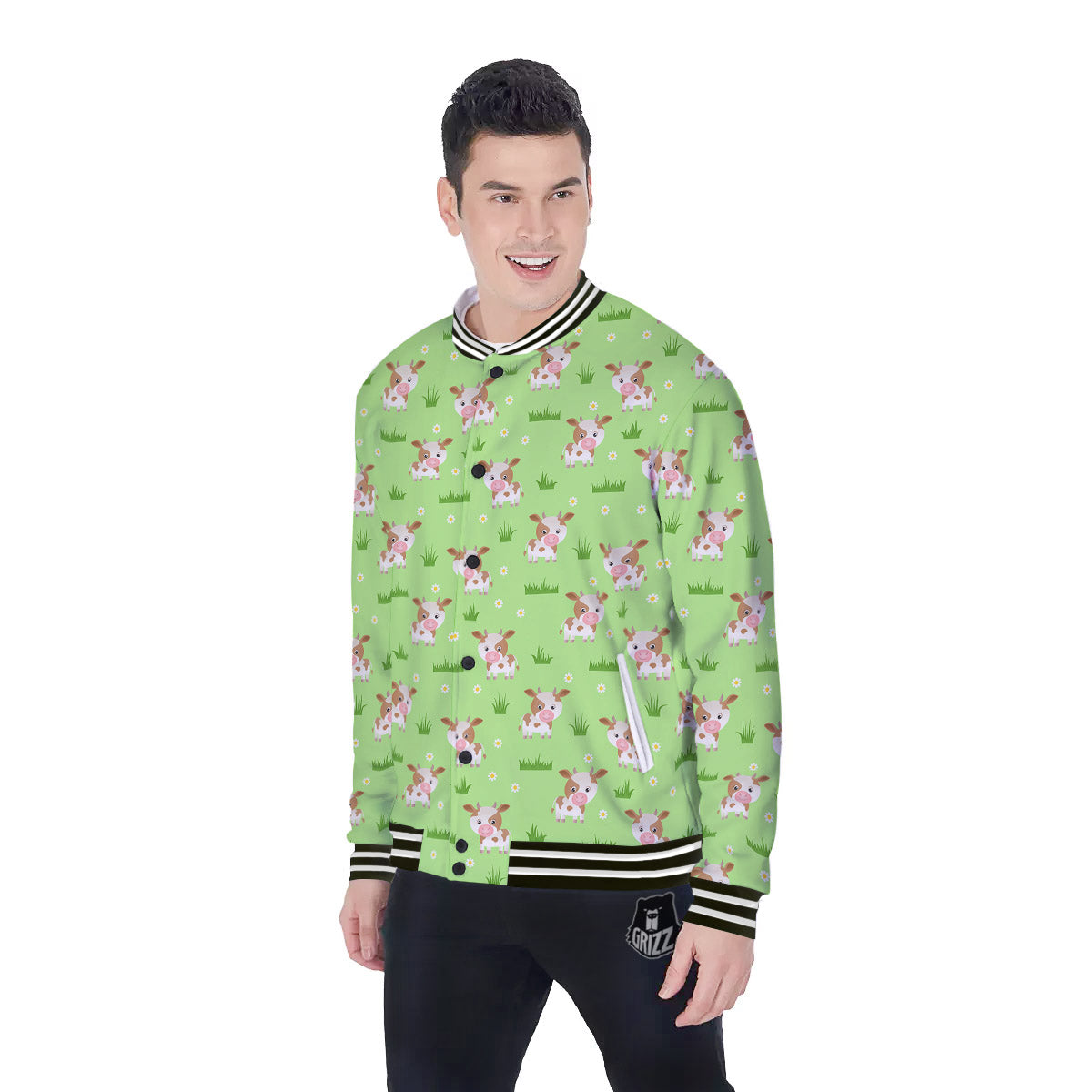 Cow And Green Grass Print Pattern Baseball Jacket-grizzshop