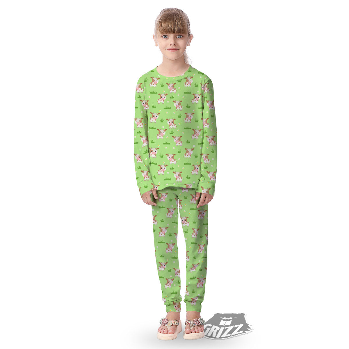 Cow And Green Grass Print Pattern Kid's Pajamas-grizzshop