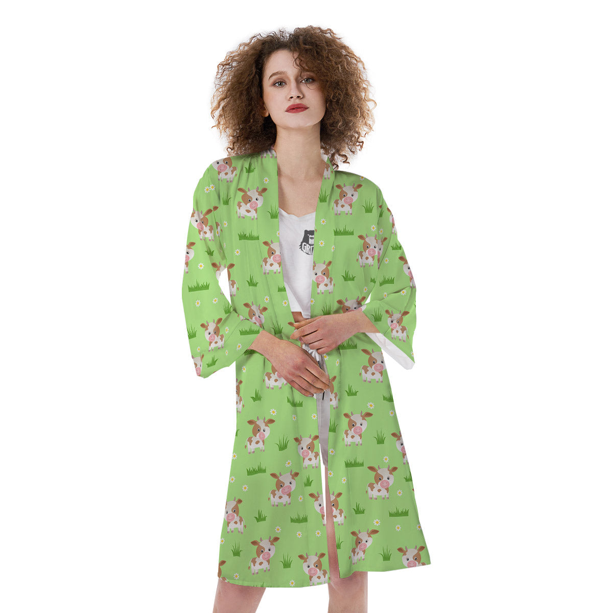 Cow And Green Grass Print Pattern Kimono-grizzshop