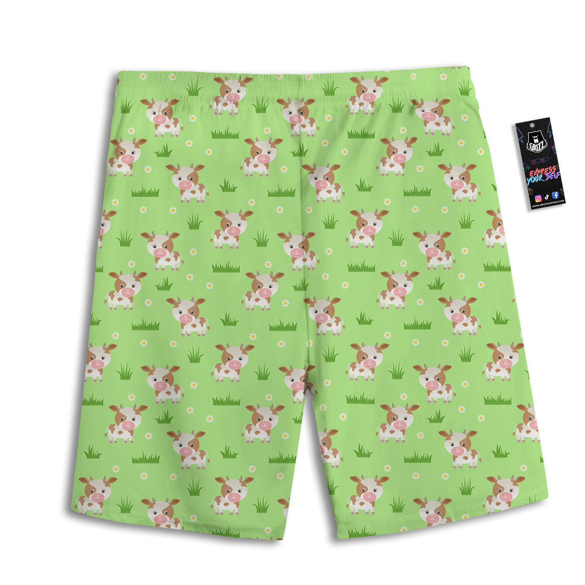 Cow And Green Grass Print Pattern Men's Athletic Shorts