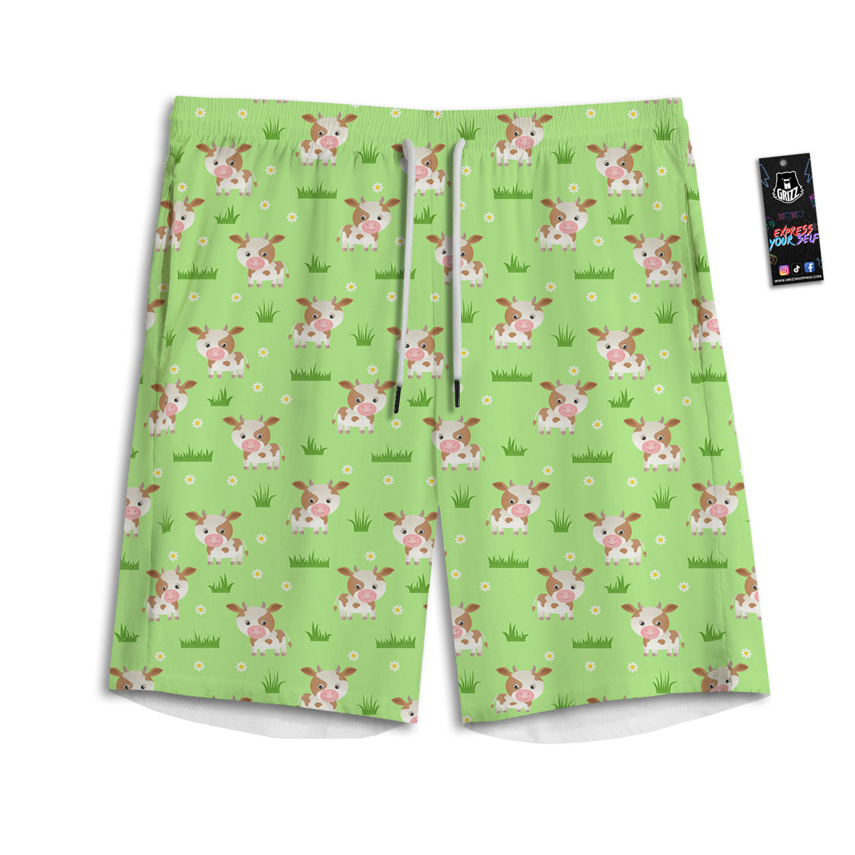 Cow And Green Grass Print Pattern Men's Athletic Shorts