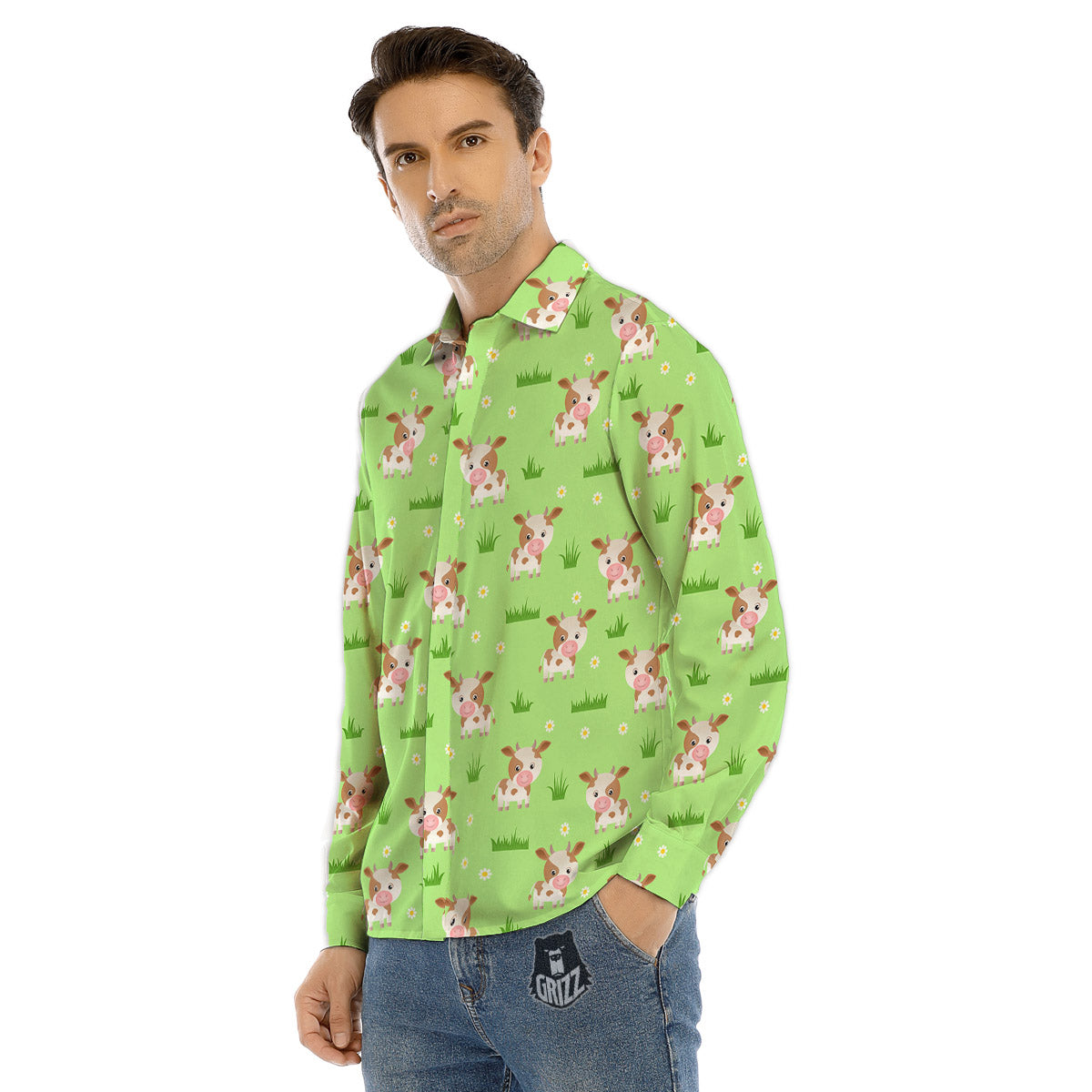 Cow And Green Grass Print Pattern Men's Dress Shirts-grizzshop