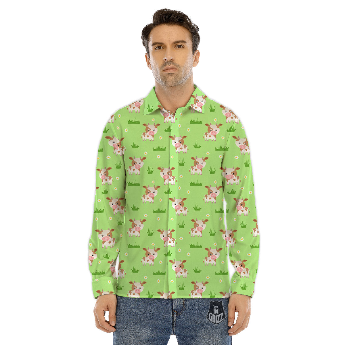 Cow And Green Grass Print Pattern Men's Dress Shirts-grizzshop