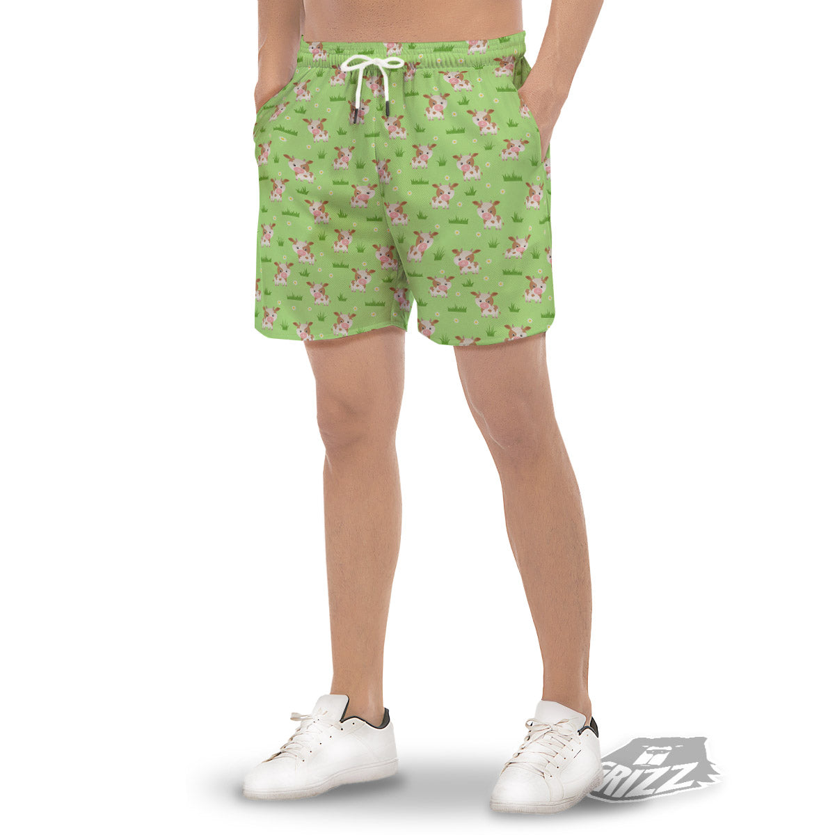 Cow And Green Grass Print Pattern Men's Gym Shorts-grizzshop