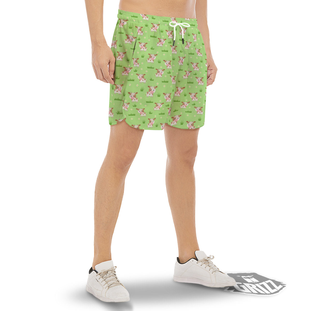 Cow And Green Grass Print Pattern Men's Gym Shorts-grizzshop