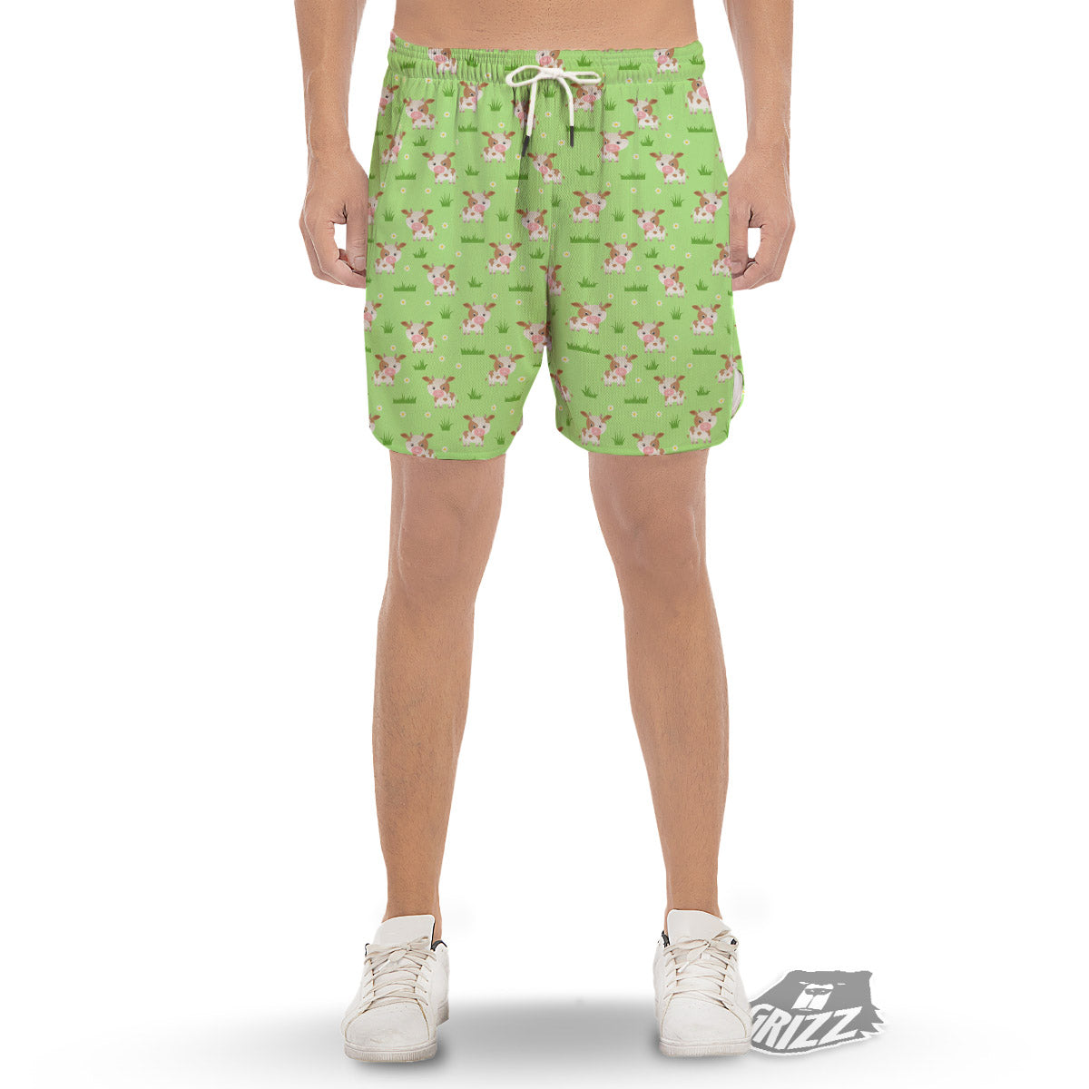 Cow And Green Grass Print Pattern Men's Gym Shorts-grizzshop