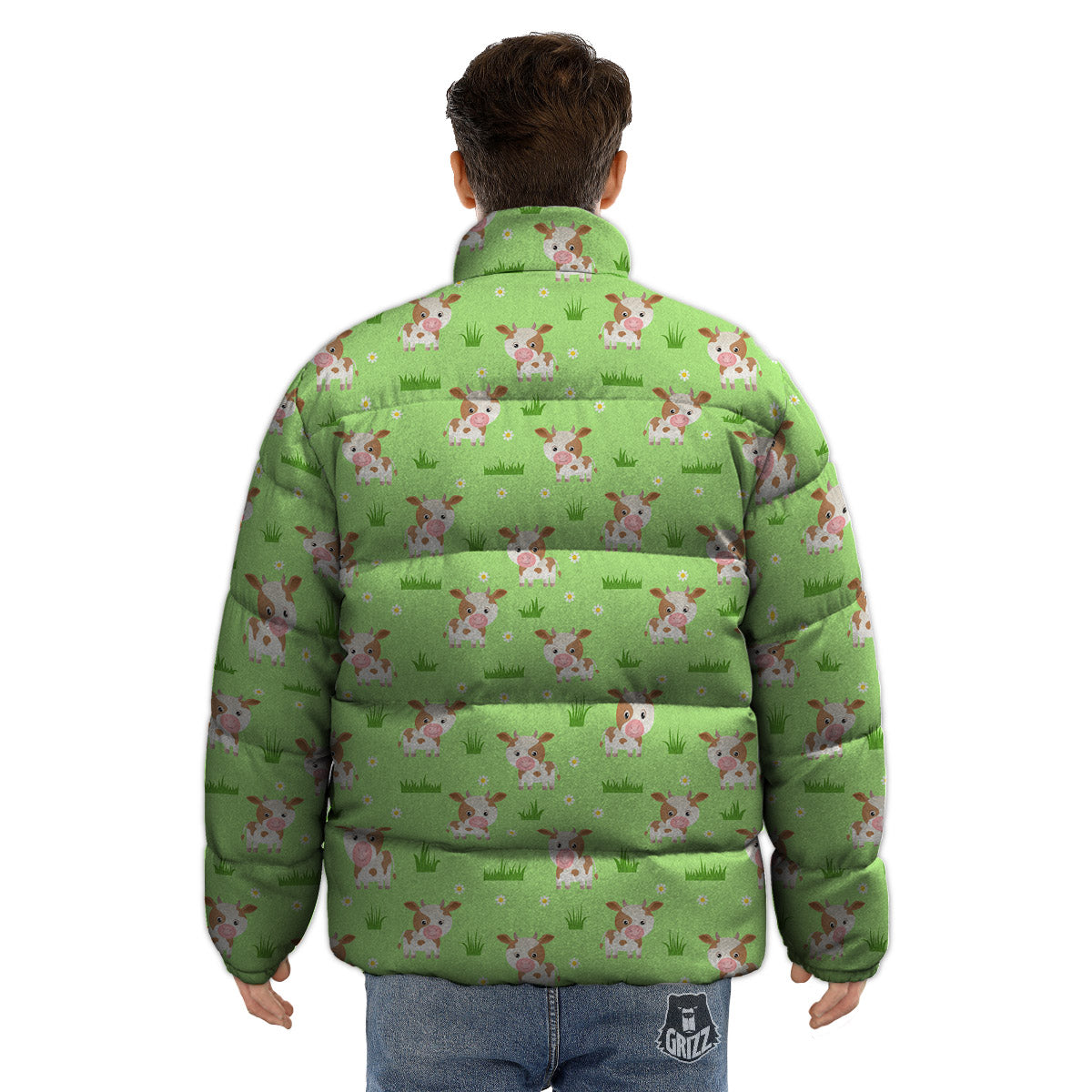 Cow And Green Grass Print Pattern Puffer Jacket-grizzshop