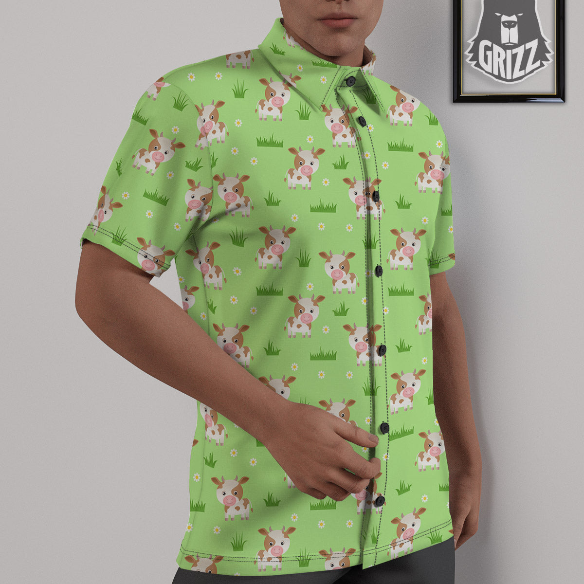 Cow And Green Grass Print Pattern Untucked Shirts-grizzshop