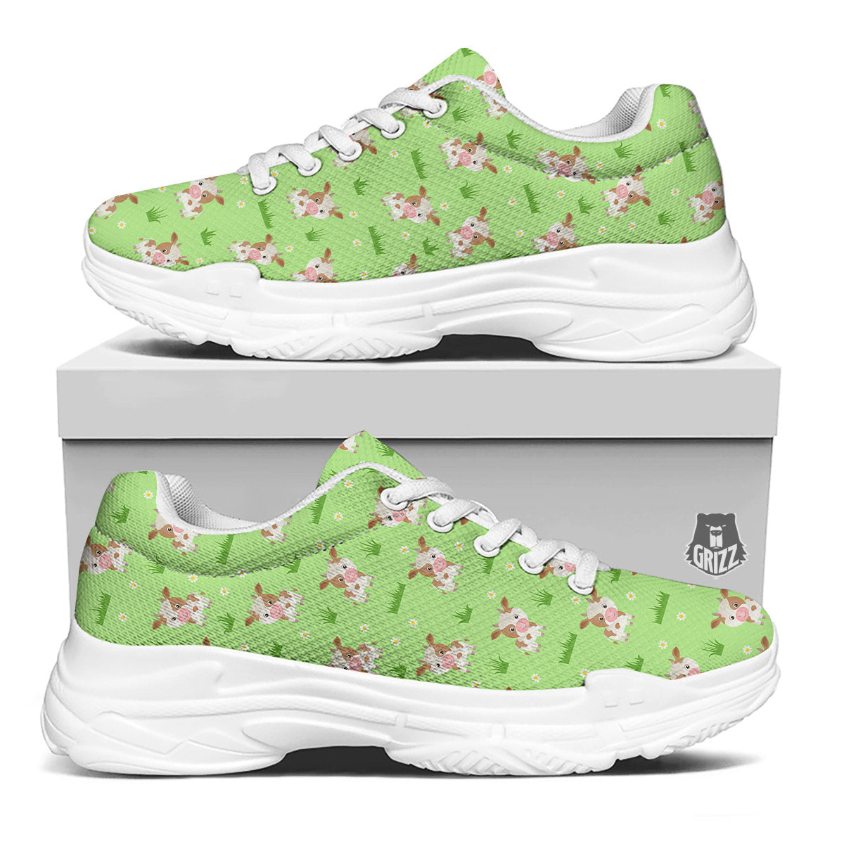 Cow And Green Grass Print Pattern White Chunky Shoes-grizzshop