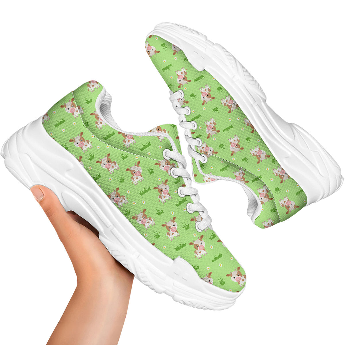Cow And Green Grass Print Pattern White Chunky Shoes-grizzshop