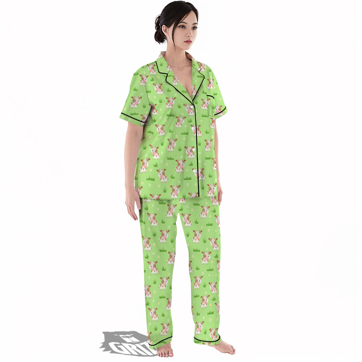 Cow And Green Grass Print Pattern Women's Pajamas Set-grizzshop