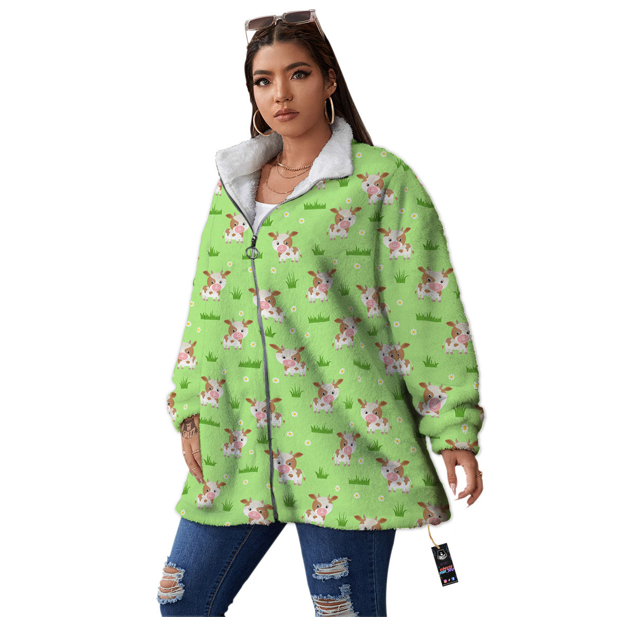 Cow And Green Grass Print Pattern Women's Sherpa Jacket-grizzshop