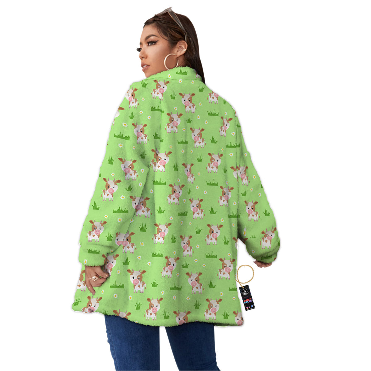 Cow And Green Grass Print Pattern Women's Sherpa Jacket-grizzshop