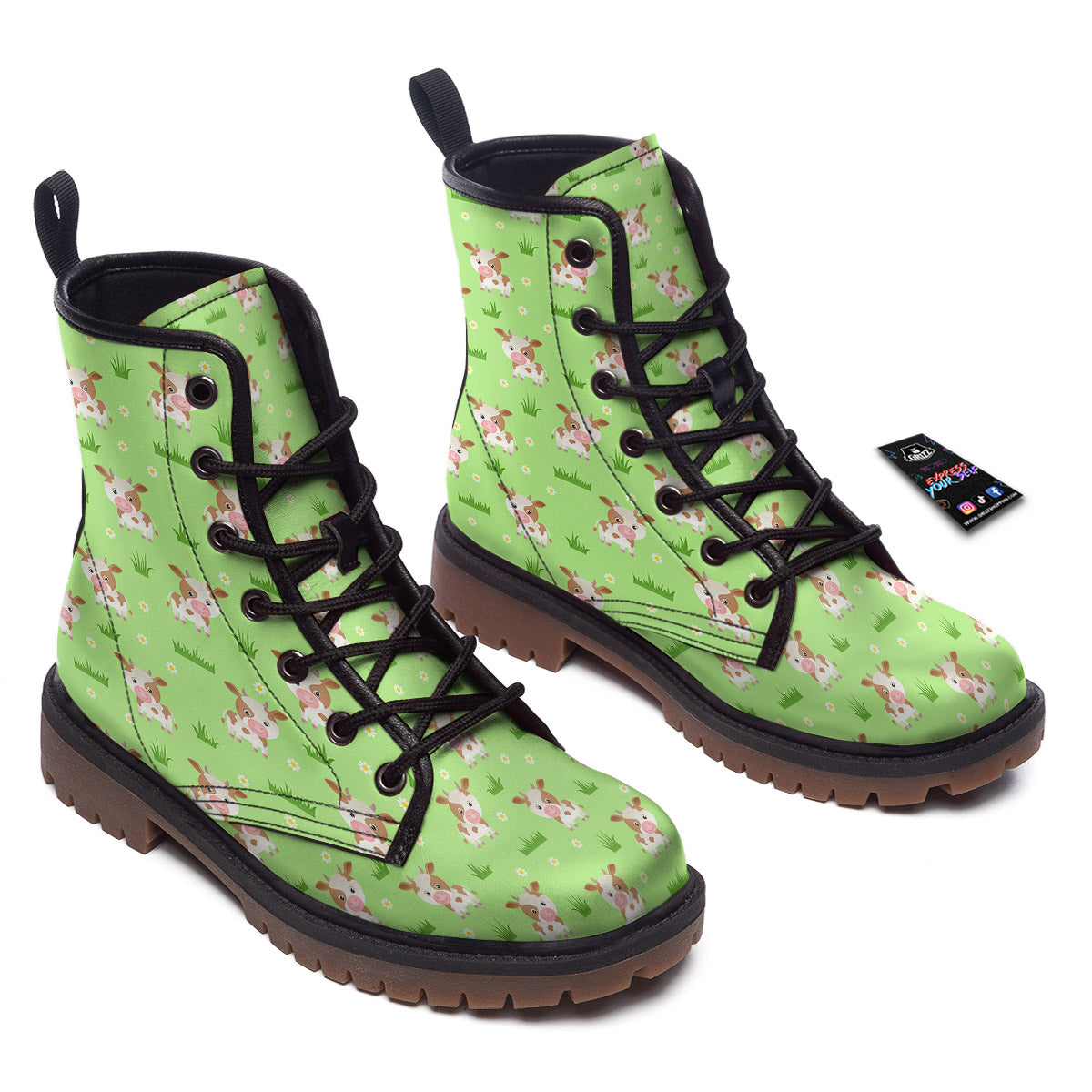 Cow And Green Grass Print Pattern Work Boots-grizzshop