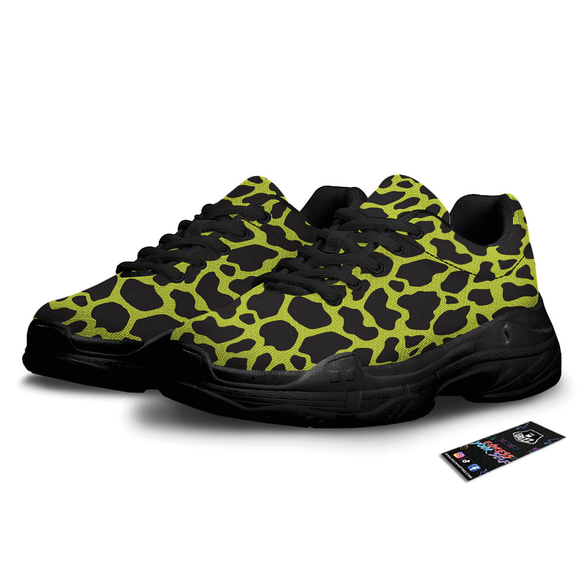 Cow Black And Lime Green Print Pattern Black Chunky Shoes-grizzshop