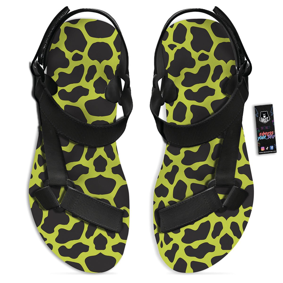Cow Black And Lime Green Print Pattern Black Open Toe Sandals-grizzshop