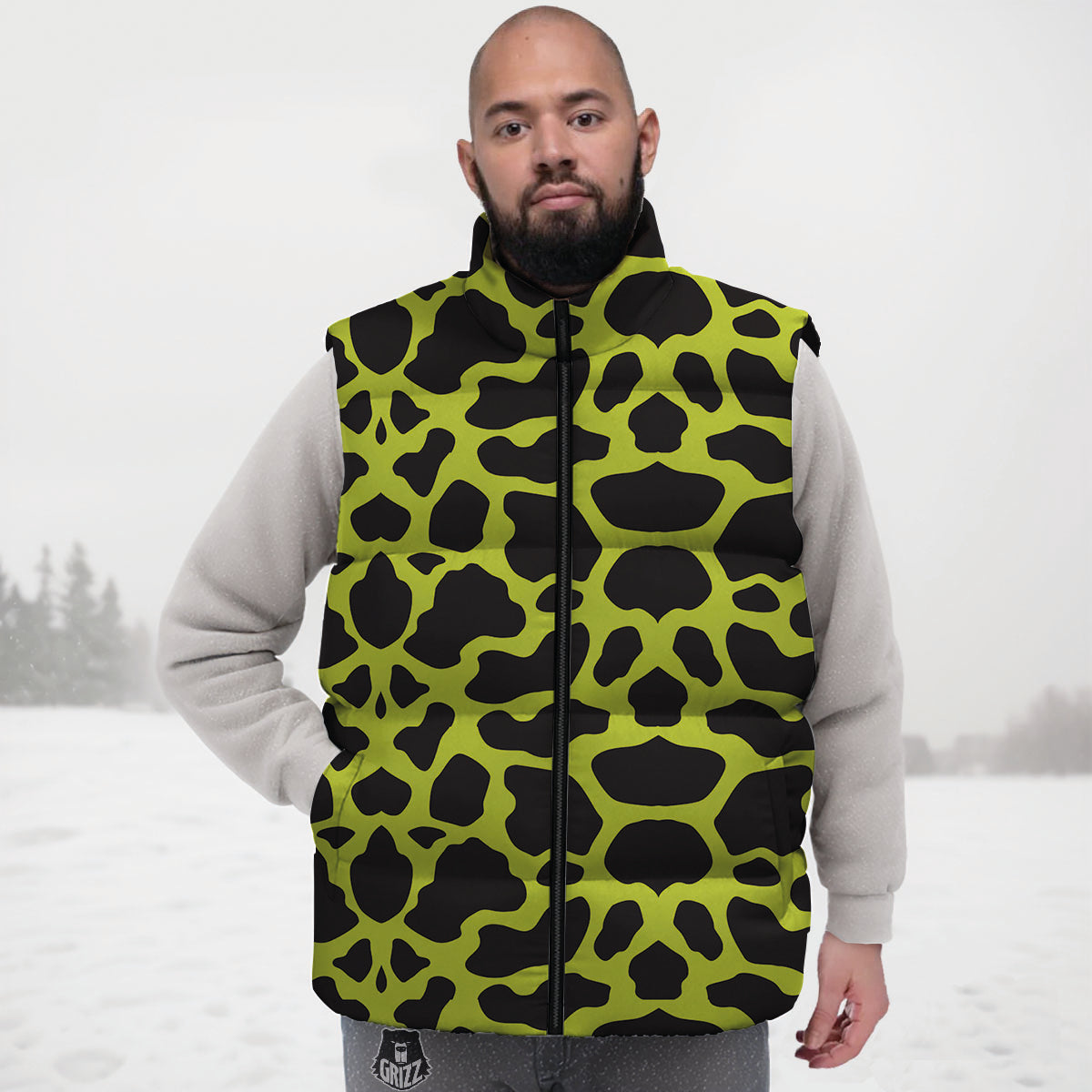 Cow Black And Lime Green Print Pattern Down Vest