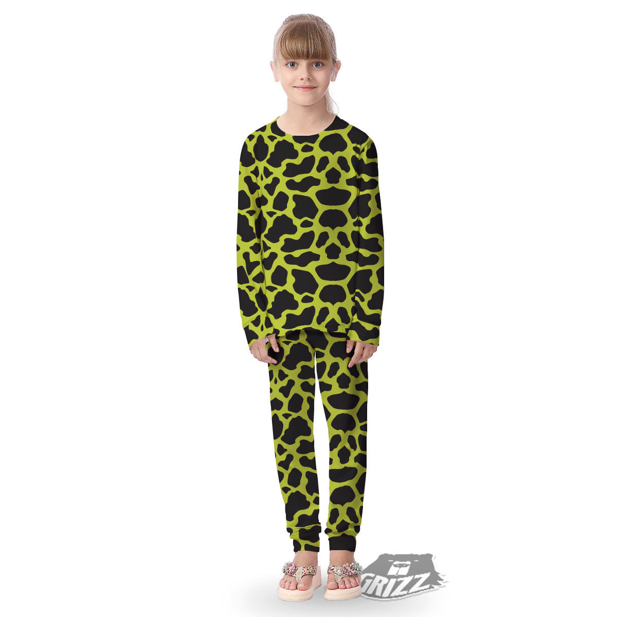 Cow Black And Lime Green Print Pattern Kid's Pajamas-grizzshop