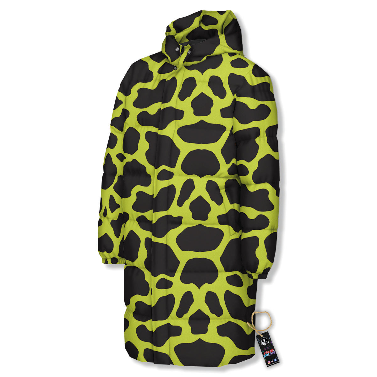Cow Black And Lime Green Print Pattern Long Down Jacket-grizzshop
