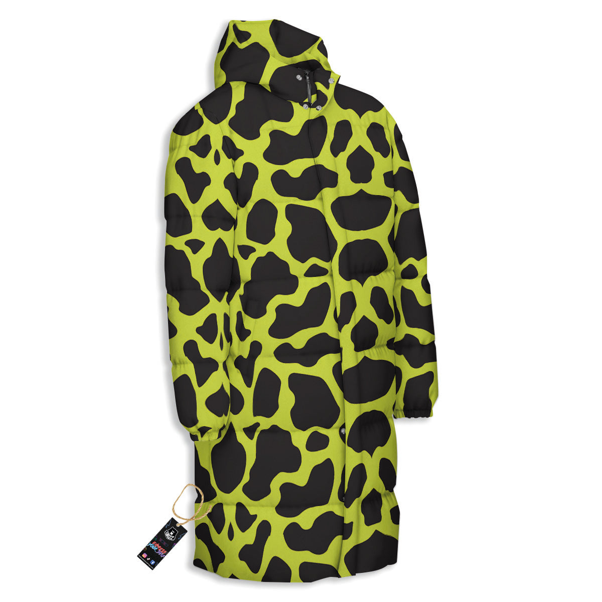 Cow Black And Lime Green Print Pattern Long Down Jacket-grizzshop