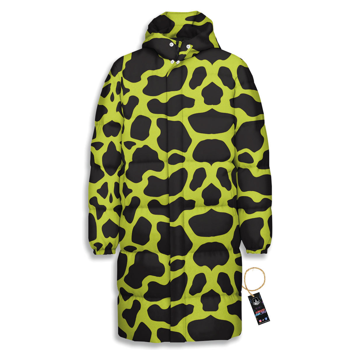 Cow Black And Lime Green Print Pattern Long Down Jacket-grizzshop