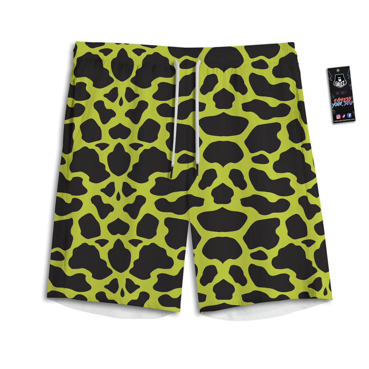 Cow Black And Lime Green Print Pattern Men's Athletic Shorts
