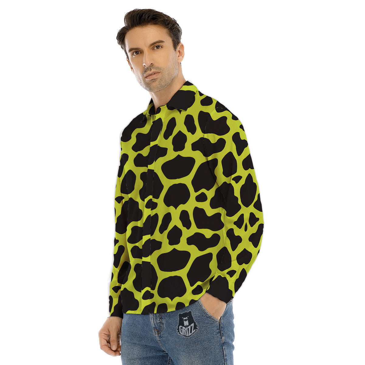 Cow Black And Lime Green Print Pattern Men's Dress Shirts-grizzshop