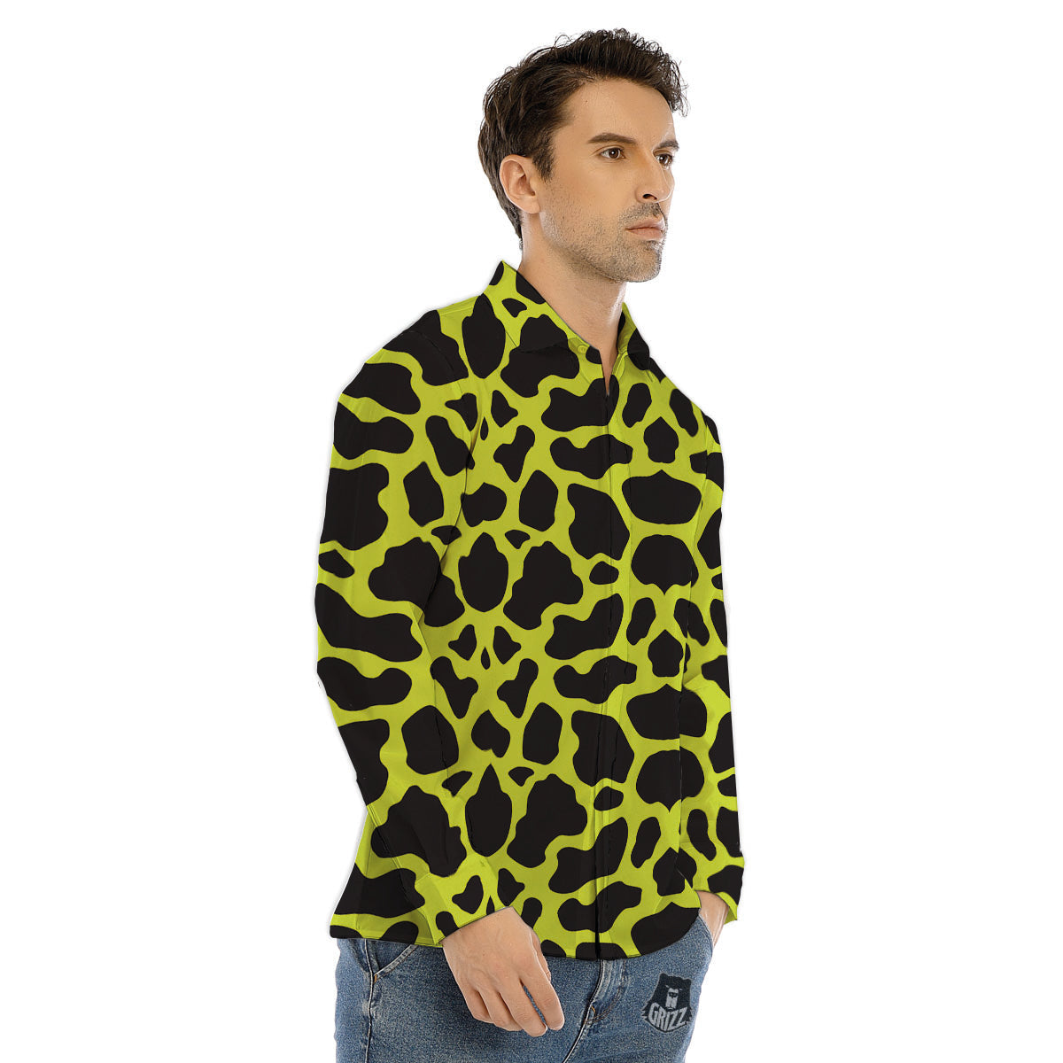 Cow Black And Lime Green Print Pattern Men's Dress Shirts-grizzshop