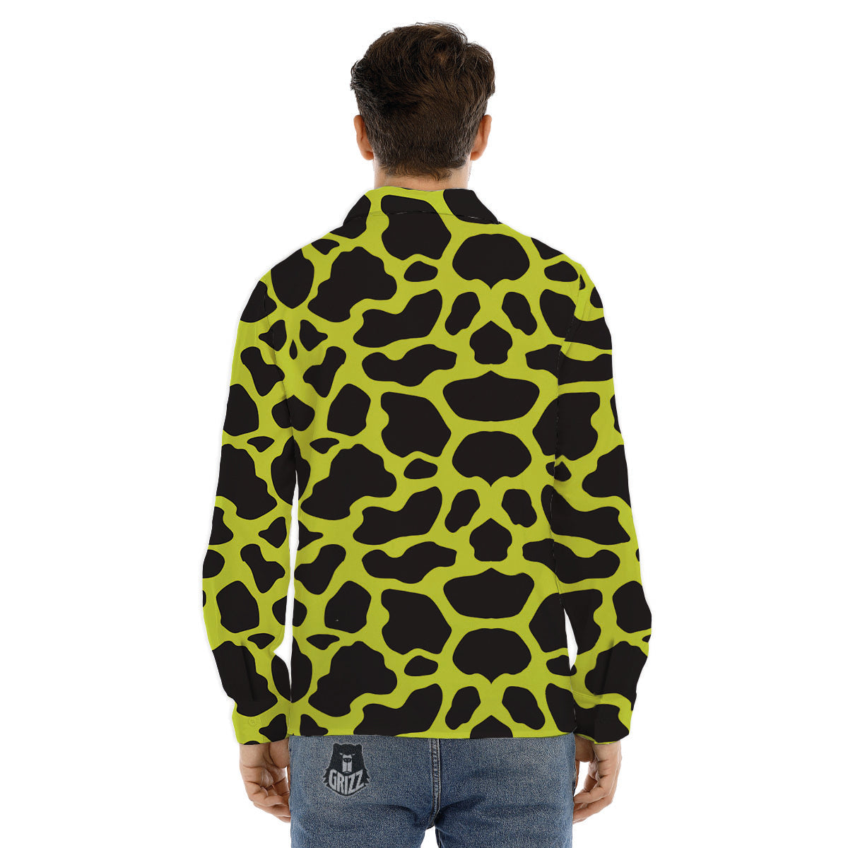 Cow Black And Lime Green Print Pattern Men's Dress Shirts-grizzshop