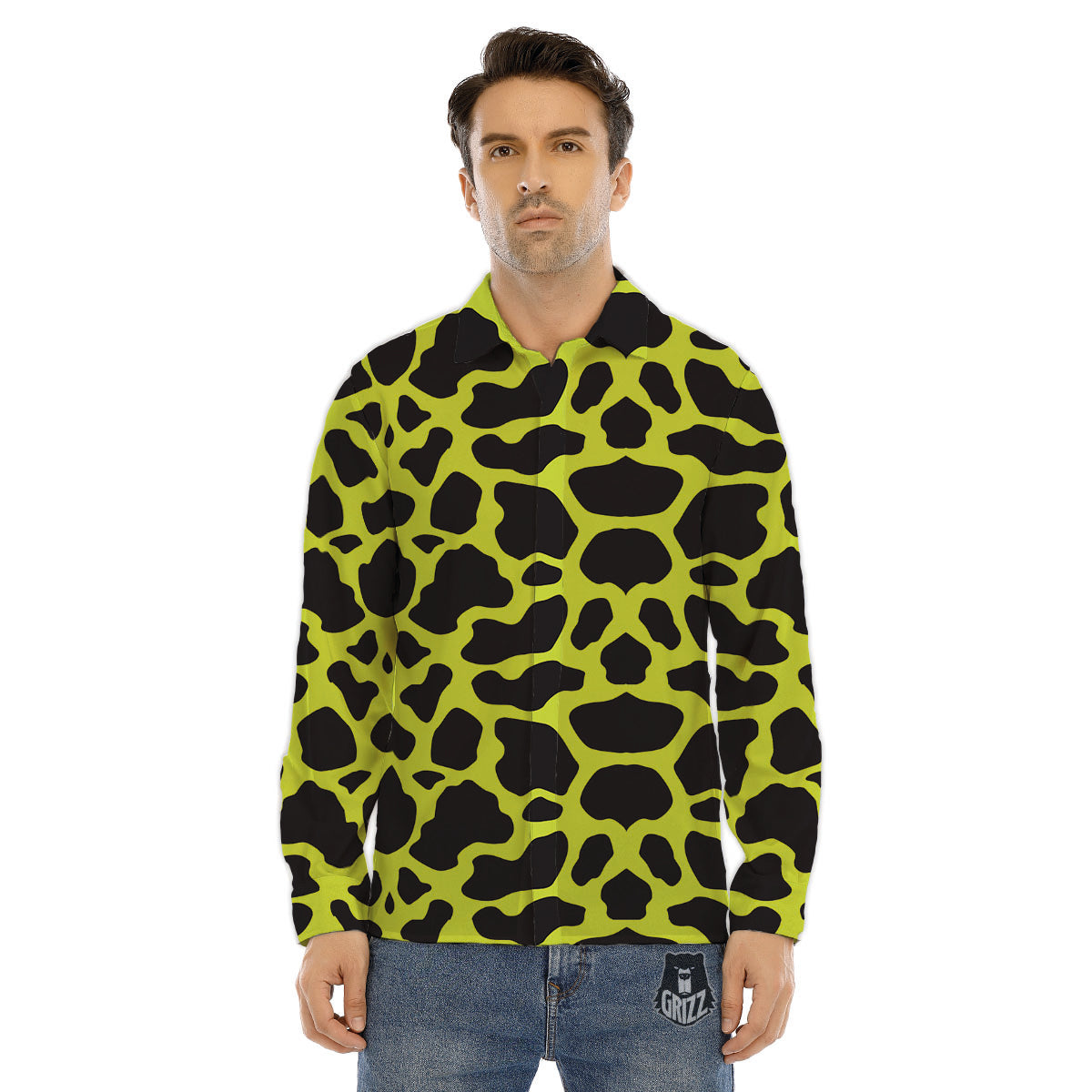 Cow Black And Lime Green Print Pattern Men's Dress Shirts-grizzshop