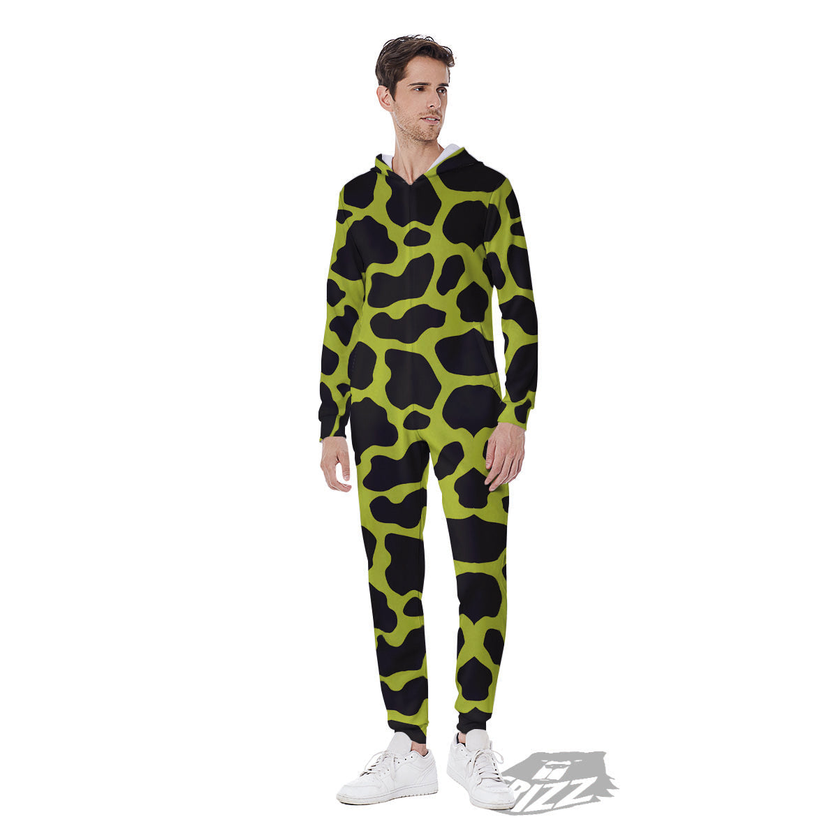 Cow Black And Lime Green Print Pattern Men's Jumpsuit-grizzshop